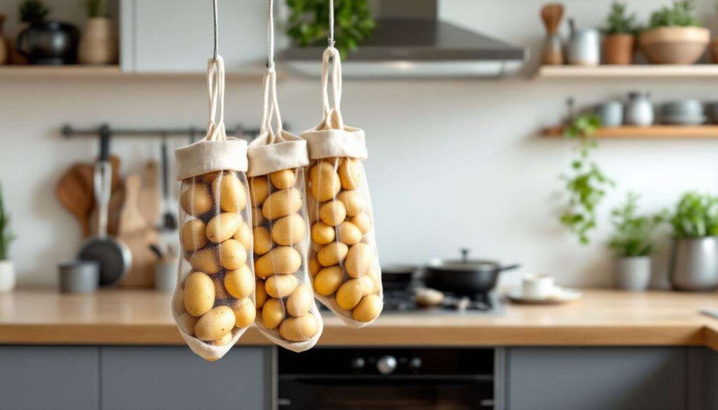 Der Schritt-für-Schritt zu Küchen-Hacks wie vertikaler Kartoffelspeicher in hängenden Socken